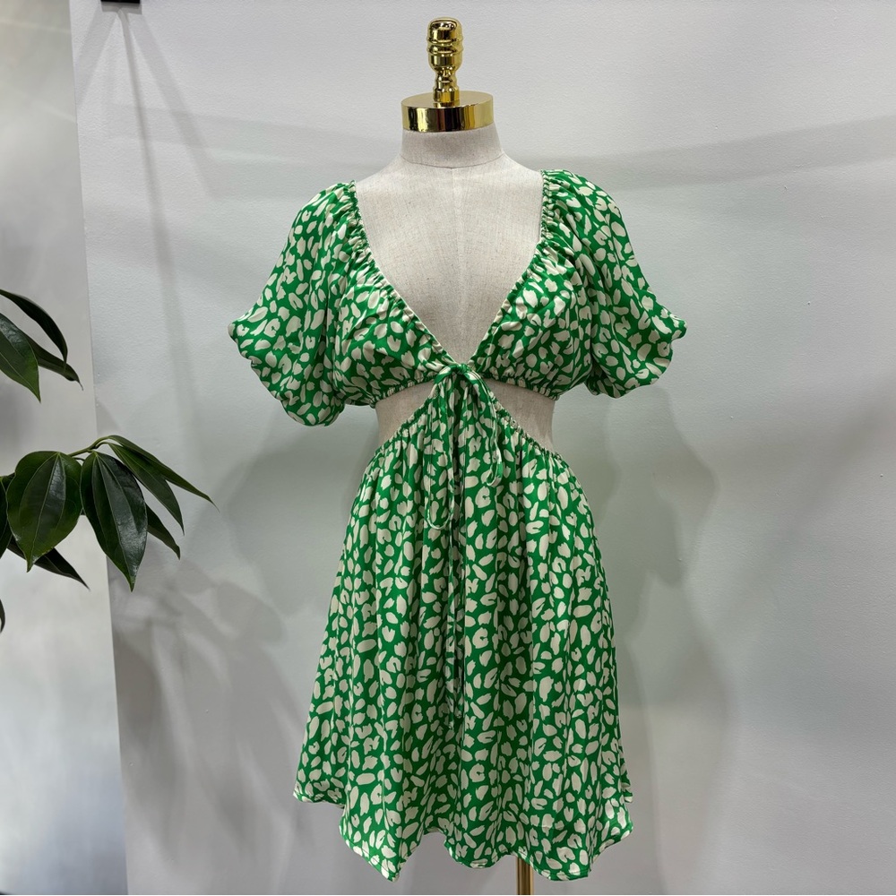 Green Cutout Mini Dress with Puff Sleeves and Knot Detail